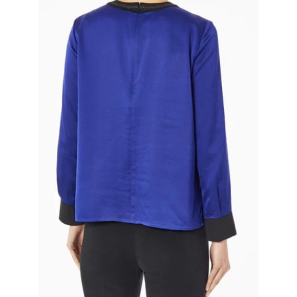 B678 NWT Ming Wang Keyhole Knit Trim Detail Crept De Chine Blouse. Lunar Blue XL - Picture 4 of 7